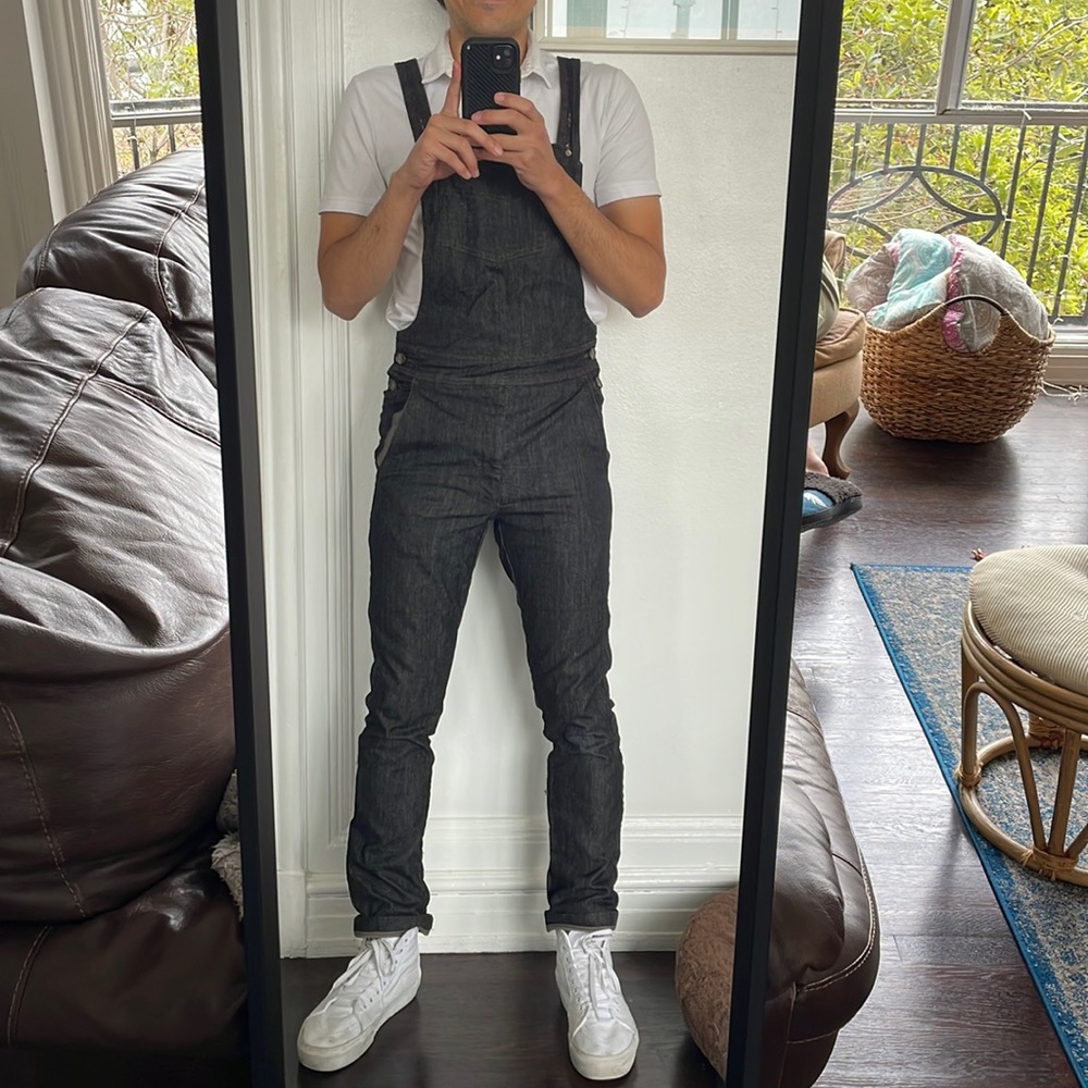Dark denim overalls